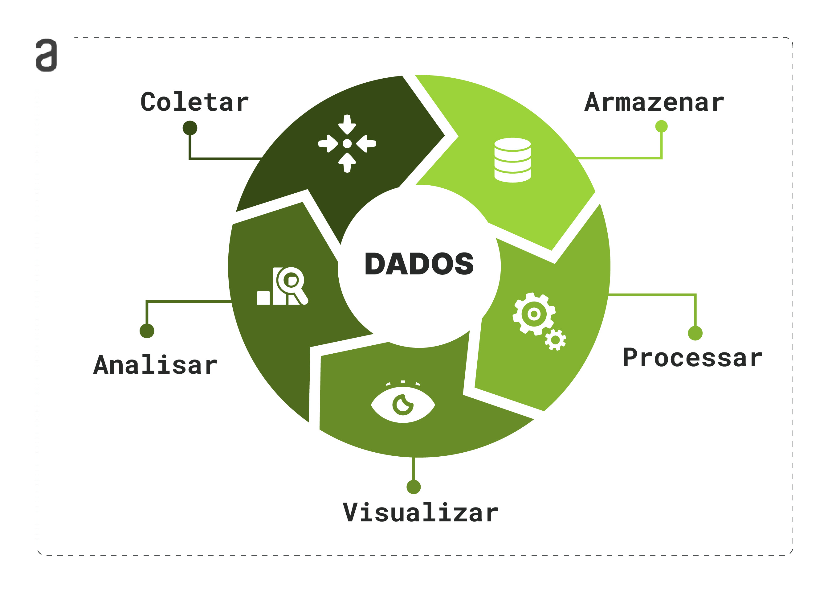 Ciclo de principais processos do BI. No alto do círculo temos o passo “coletar”, em seguida, à direita,à direita, a etapa “armazenar”. Ao descer o círculo, encontramos o passo “processar” e, ao fazer a curva no círculo, a etapa “visualizar”. Por fim, para fechar o círculo, temos a ação “analisar”. No centro do círculo, simbolizando o ciclo da análise de dados, está escrito em preto a palavra Dados.
